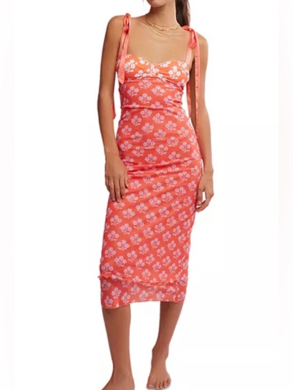 Free People Intimately “Got Glam” Coral Floral Mesh Midi Dress Sz S VGUC